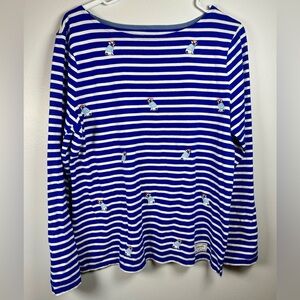 Talbots Embroidered Frenchie Dogs Royal Blue and White Striped Cotton Top sz  L